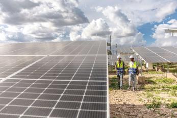 Solar technicians inspecting the solar plant in sheder refugee camp, ethiopia.