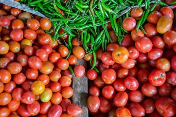 Green chiles and red tomatoes pictured in myanmar