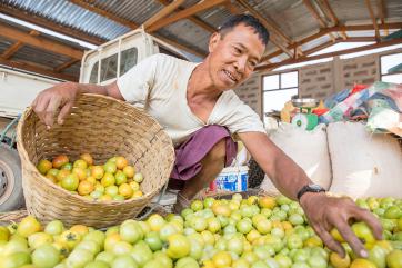 A man in myanmar with a basket of vegetables at a market