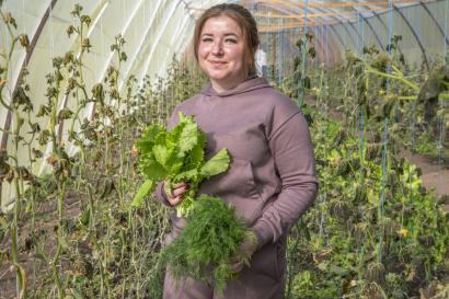 A person holding vegetables inside a greenhouse.