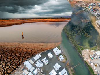 A composite photo of drought stricken and flood stricken landscapes.
